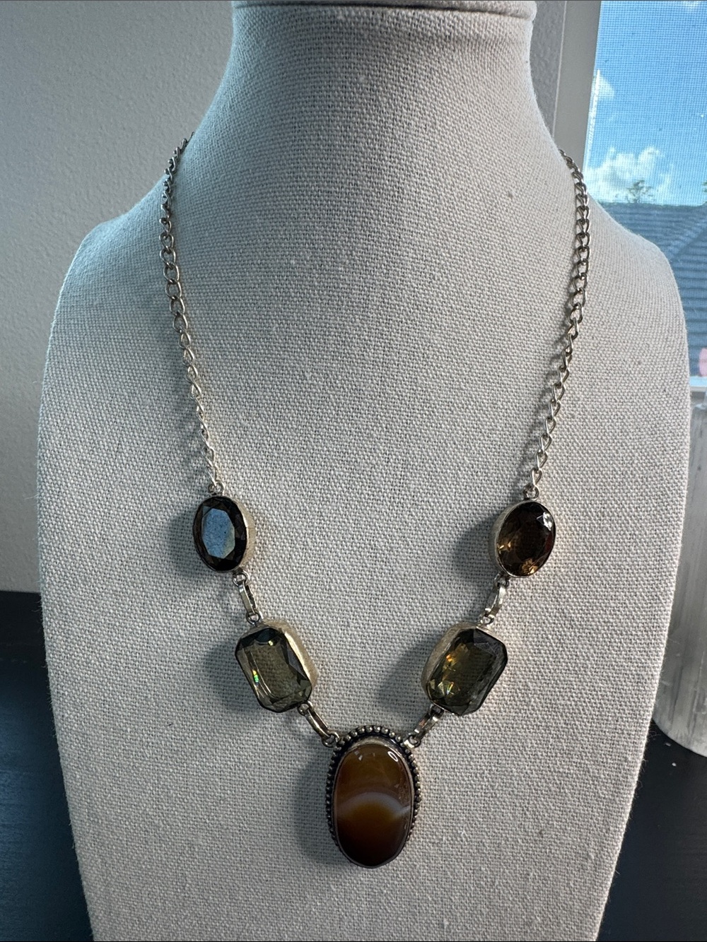Silver-Tone Brown Stone Pendant Necklace - Women Jewelry 925 silver